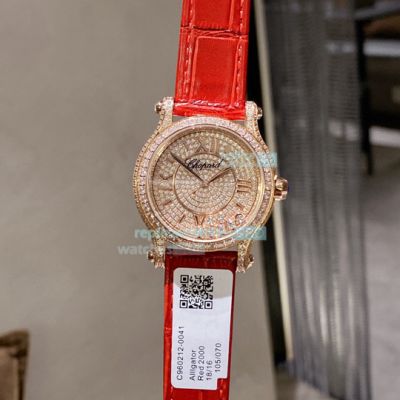 Replica Chopard Happy Sport Floating Diamonds Watch Rose Gold Diamond Case Red Leather Strap